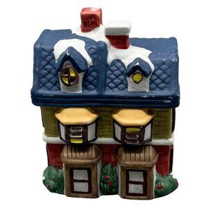Vintage Ceramic Christmas Village House Figurine Snow Accents blue brown 4" READ